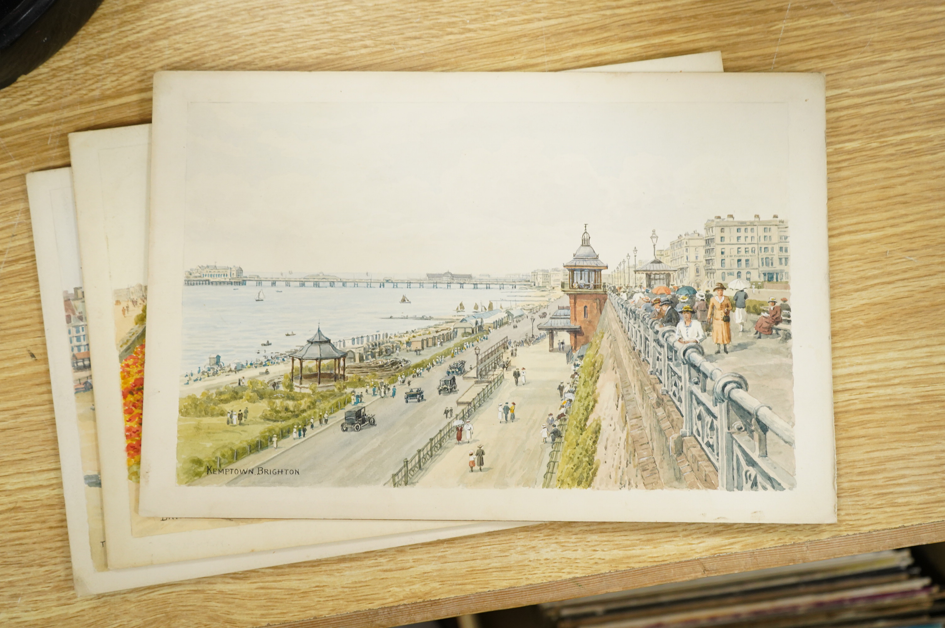 Alfred Robert Quinton (1853-1934), set of four original watercolours for postcard designs, Brighton views, comprising: The Royal Pavilion, Brighton, Kemp Town, Sunk Gardens and The Beach from West Pier, each signed, unfr